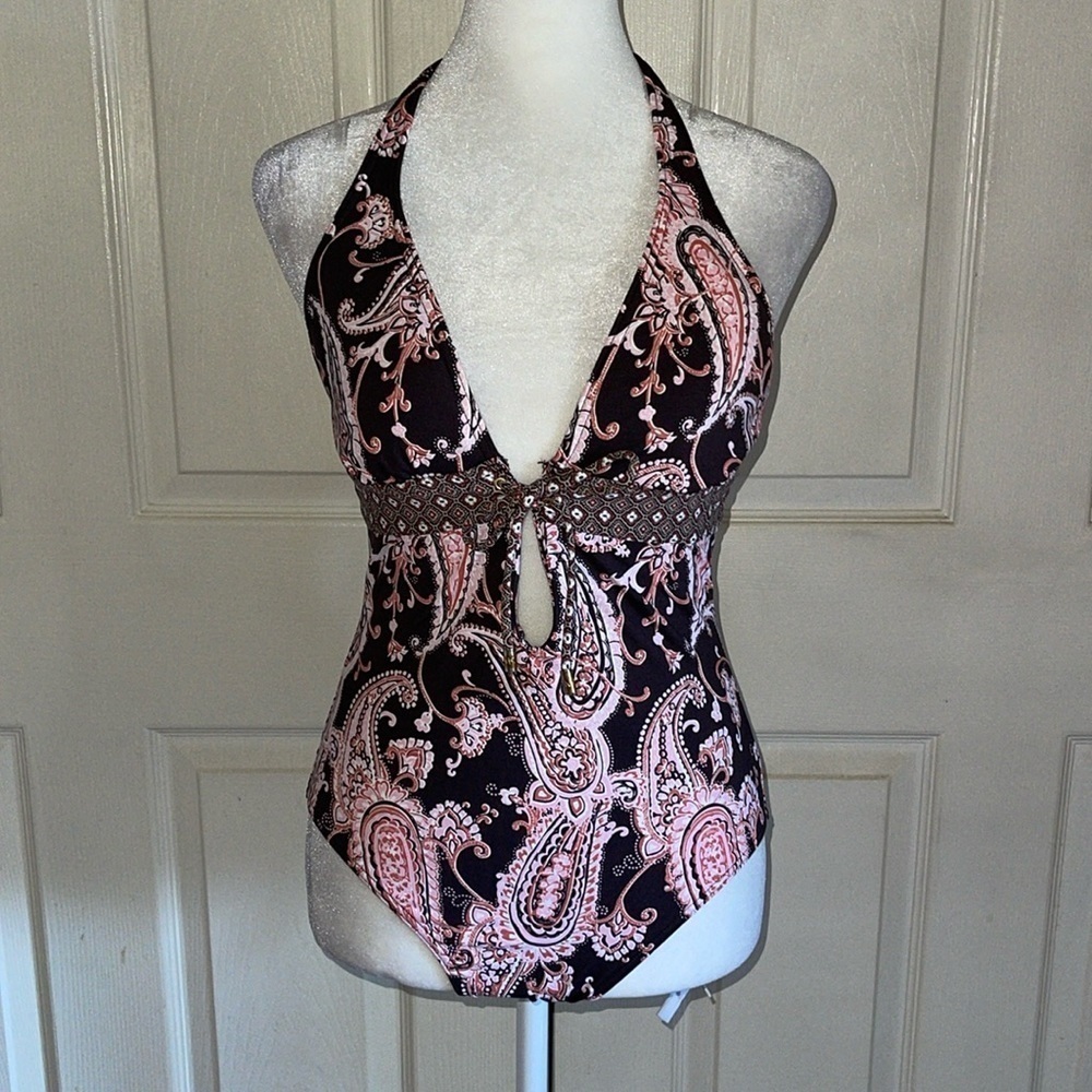Michael Michael Kors Brown And Pink Paisley Print Halter One Piece Swimsuit